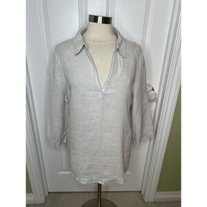 Tahari 100% Linen Tunic Top Blouse Popover V-Neck L Gray Lagenlook Minimalist